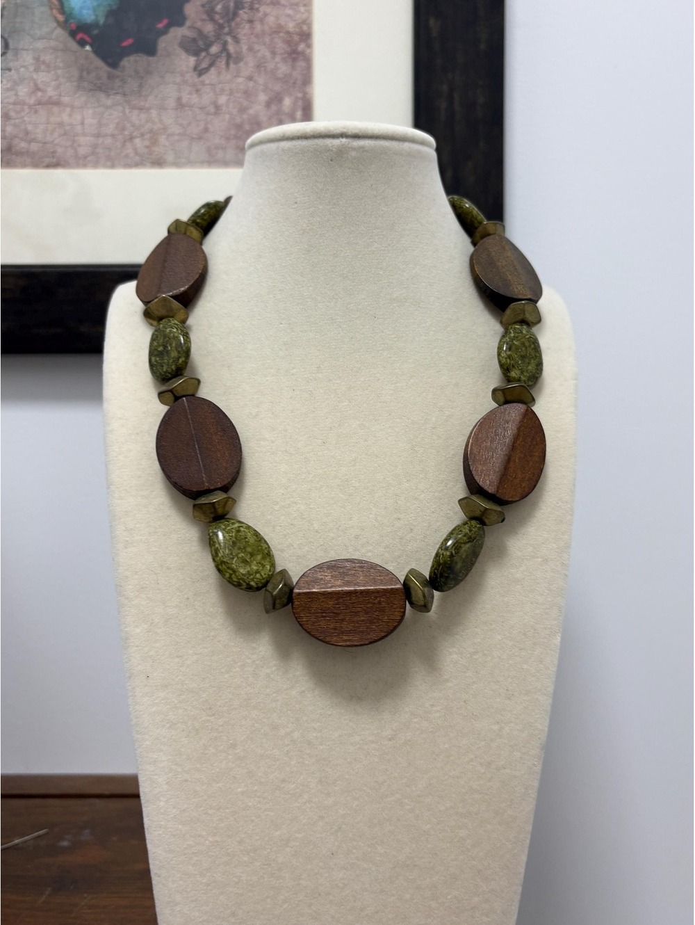 Chunky Brown Wood and Faux Olive Green Beaded Necklace 15"